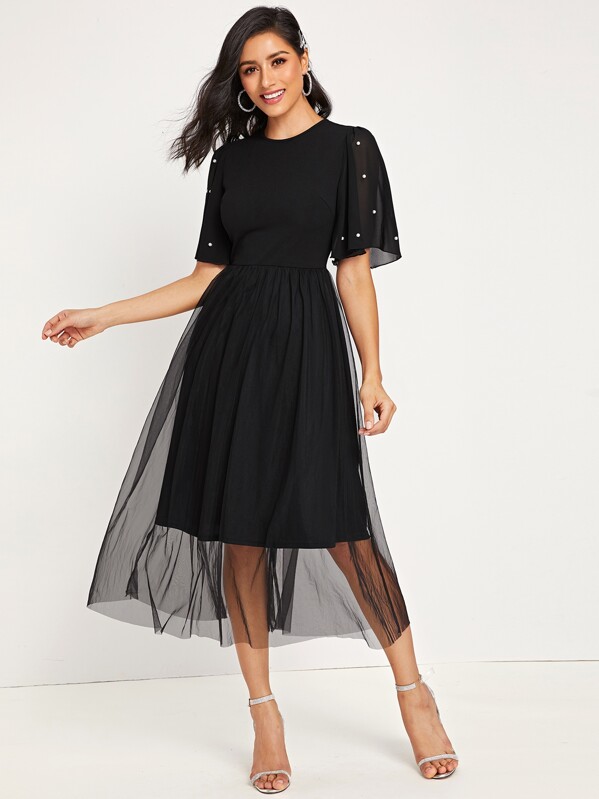 

Pearls Beaded Flounce Sleeve Mesh Overlay Dress, Black, Jessica B
