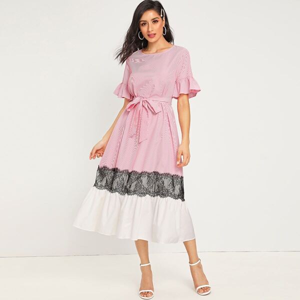 

Ruffle Cuff and Hem Lace Trim Self Belted Dress, Pink pastel