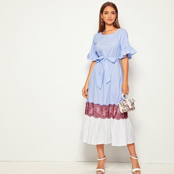 

Ruffle Cuff and Hem Lace Trim Self Belted Dress, Blue pastel