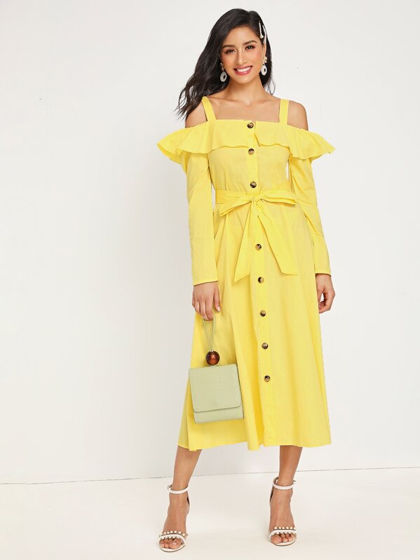 

Cold Shoulder Ruffle Trim Belted Button Front Dress, Yellow, Jessica B
