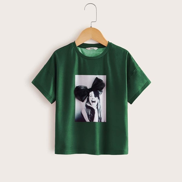 

Girls Bow Detail Figure Graphic Top, Green
