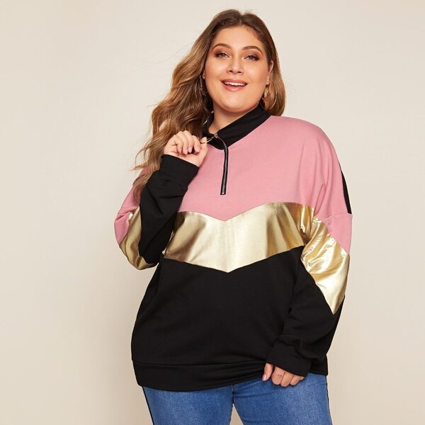 

Plus Zip Half Placket PU Chevron Sweatshirt