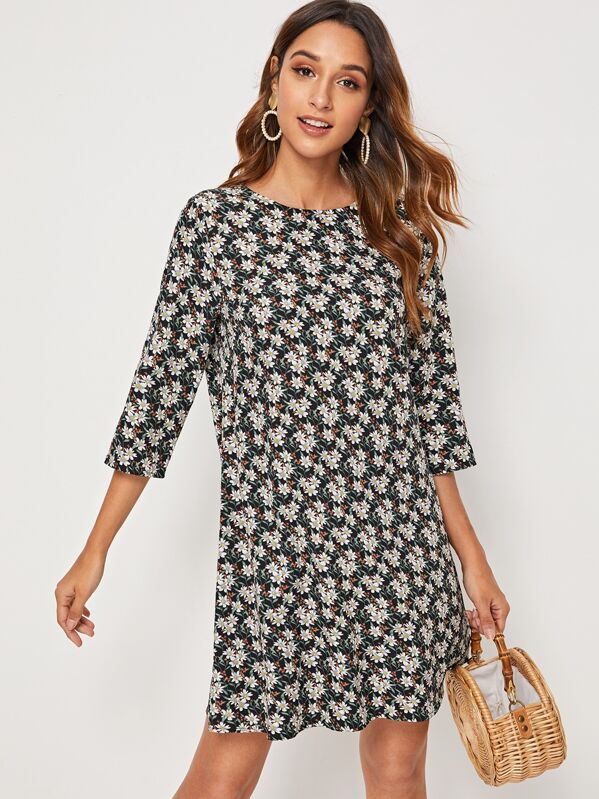 

Ditsy Floral Print Tunic Dress, Black and white, Gabi B
