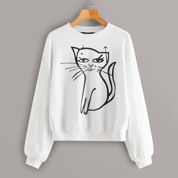 

Drop Shoulder Cartoon Graphic Pullover, White