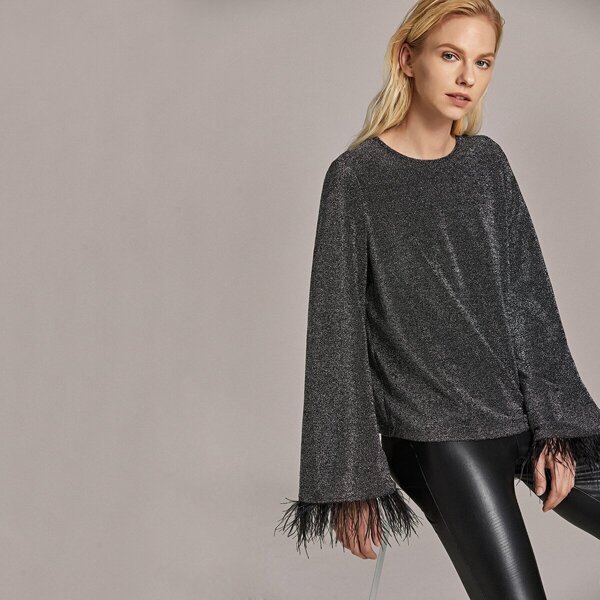 

Premium Faux Feather Detail Bell Sleeve Glitter Top, Grey