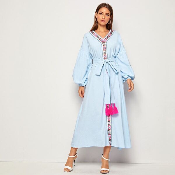 

Floral Embroidered Fringe Detail Belted Dress, Blue pastel