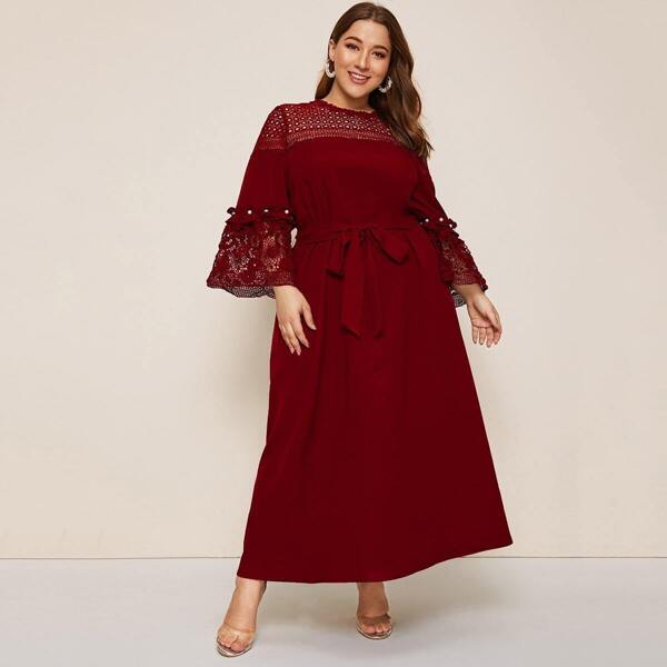 

Plus Guipure Lace Insert Pearls Detail Belted Dress, Burgundy