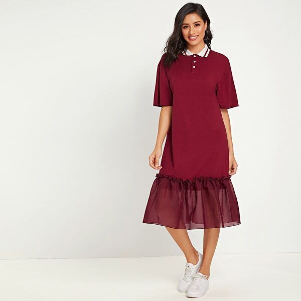 

Flounce Mesh Hem Button Detail Collar Dress, Burgundy