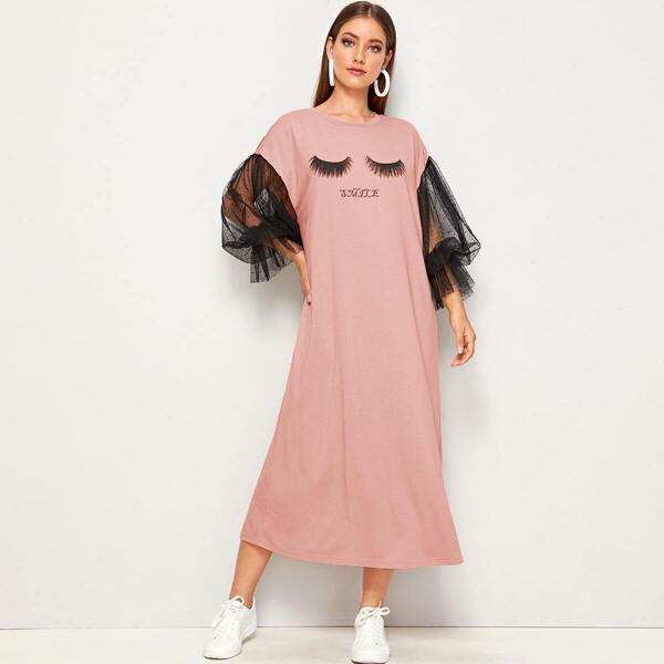 

Eyelash Print Dobby Mesh Sleeve T-shirt Dress, Dusty pink