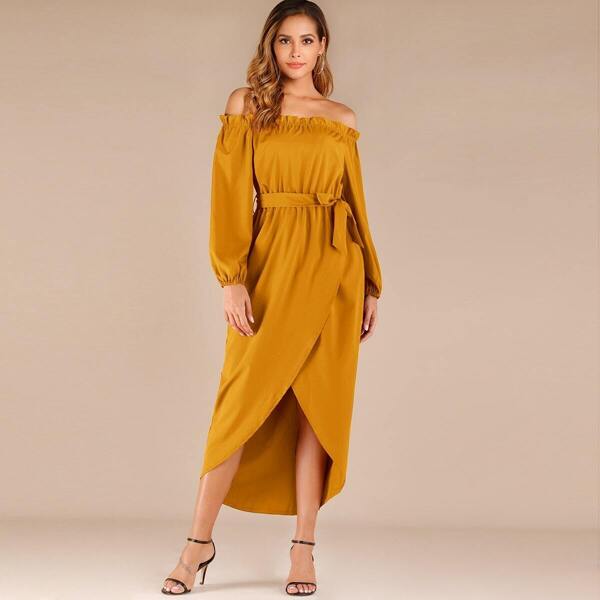 

Self Tie Tulip Hem Frill Bardot Dress