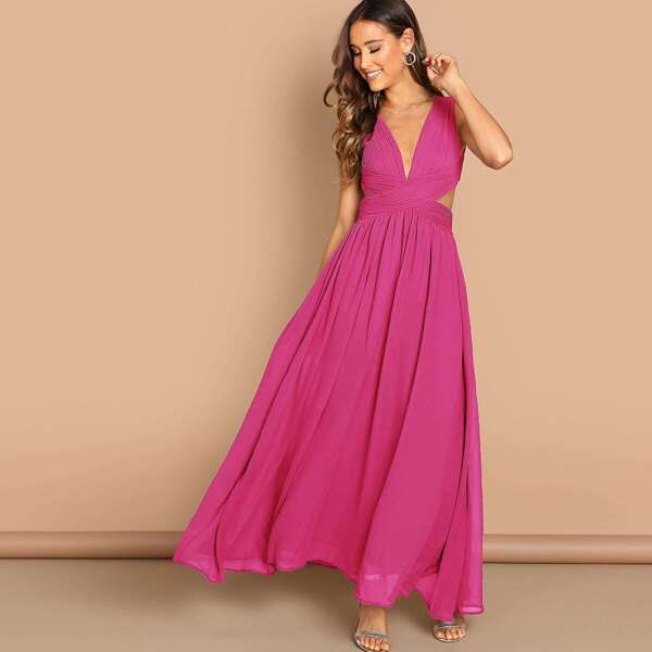 

Cross Wrap Front Cut-out Back Pleated Detail Dress, Pink bright