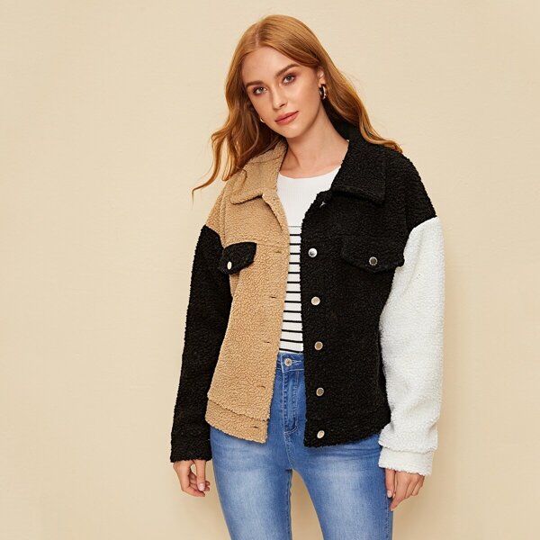

Cut And Sew Button Front Teddy Jacket, Multicolor