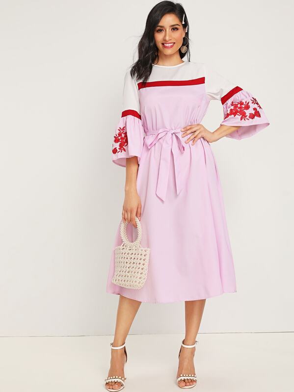 

Colorblock Embroidery Sleeve Belted Striped Dress, Pink, Jessica B