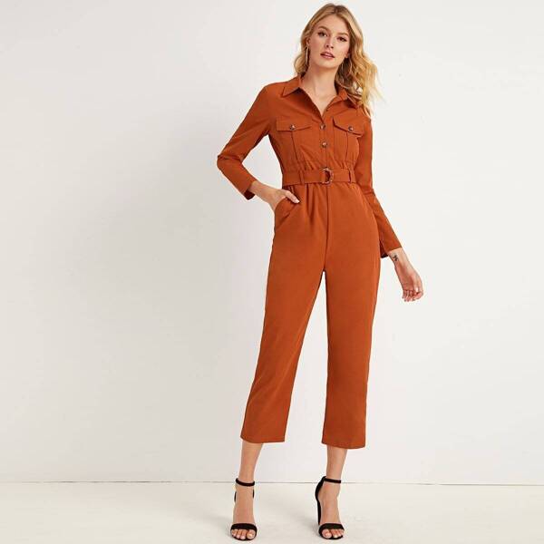 

Button Front Pocket Side Belted Cargo Jumpsuit