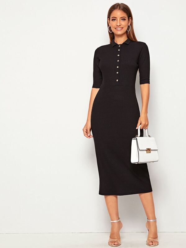 

Button Front Collar Rib-knit Dress, Black, Debi Cruz