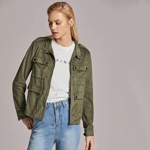 

Premium Zipper Up Flap Pocket Detail Suede Jacket, Army green