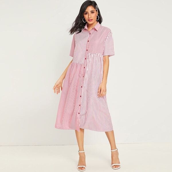 

Striped Colorblock Button Front Shirt Dress