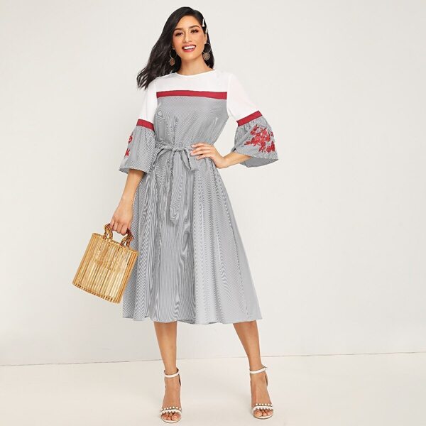 

Embroidered Detail Bell Sleeve Self Belted Striped Dress