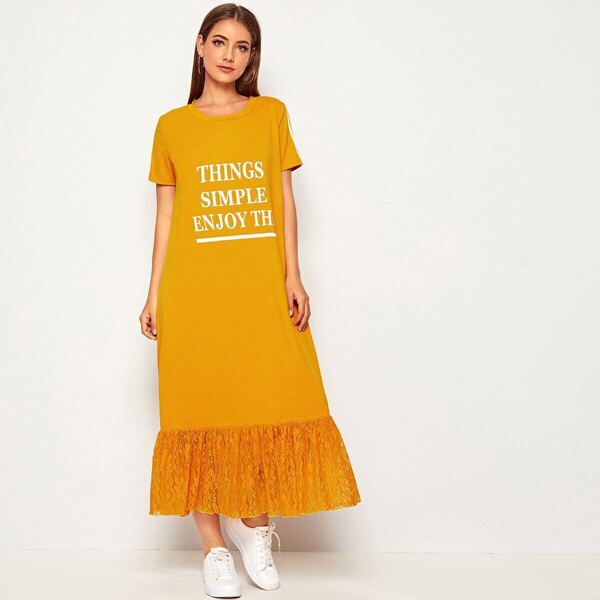 

Slogan Graphic Lace Flounce Hem Dress, Yellow bright