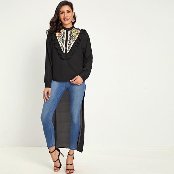 

Buttoned Embroidery Yoke Ruffle Trim Dip Hem Top, Black