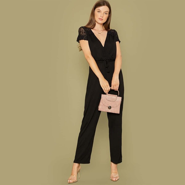 

Surplice Neck Lace Insert Belted Jumpsuit