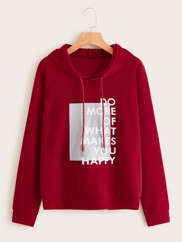 

Slogan Graphic Long Sleeve Drawstring Hoodie, Red