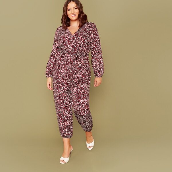 

Plus Allover Print Belted Jumpsuit, Multicolor