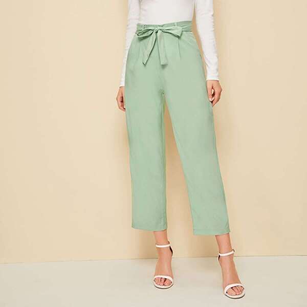 

Pocket Side Self Tie Crop Tailored Pants, Green pastel
