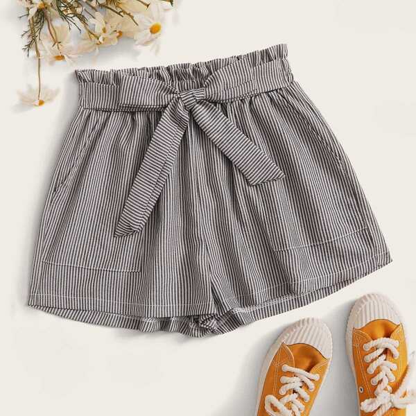 

Striped Paperbag Waist Self Tie Shorts