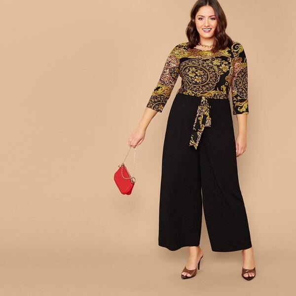

Plus Scarf Print Belted Combo Jumpsuit