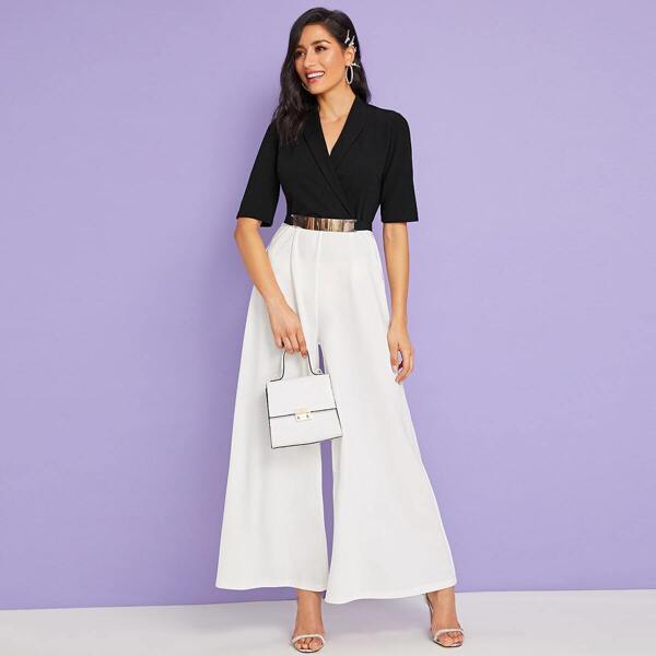 

Surplice Wrap Belted Combo Jumpsuit, Black and white