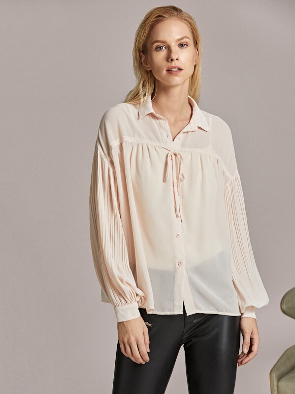 

Tie Front Pleated Lantern Sleeve Shirt, Beige, Denisa
