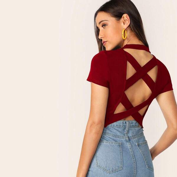 

Solid Lace Up Back Rib-knit Top