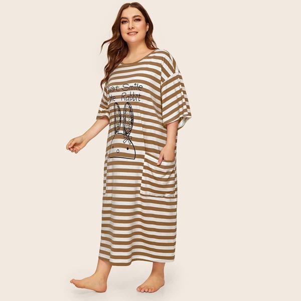 Plus Graphic Print Pocket Patched Striped Nightdress, Brown