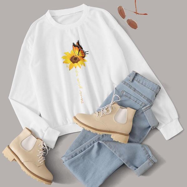 

Sunflower & Butterfly Print Round Neck Sweatshirt, White