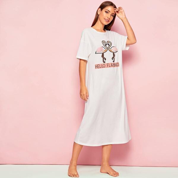 

Flamingo Print Faux Fur Detail Night Dress, White