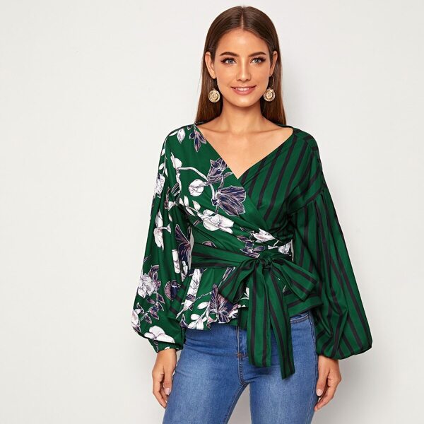 

Striped & Floral Print Belted Blouse, Green