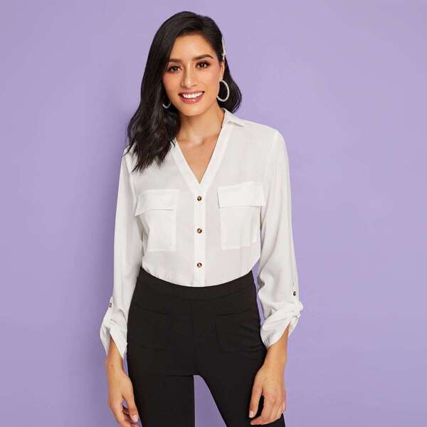 

Flap Pocket Front Roll Tab Sleeve Shirt, White