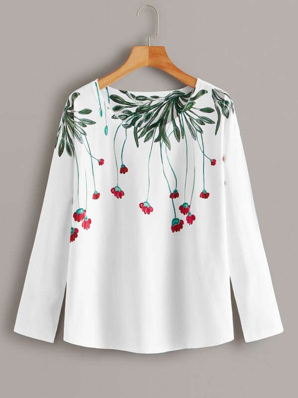 

Floral Print Round Neck Tee, White