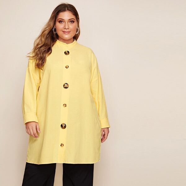 

Plus Single Breasted Drop Shoulder Longline Blouse, Yellow pastel