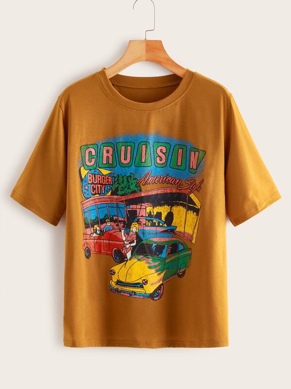 

Car & Letter Print Round Neck Tee, Yellow