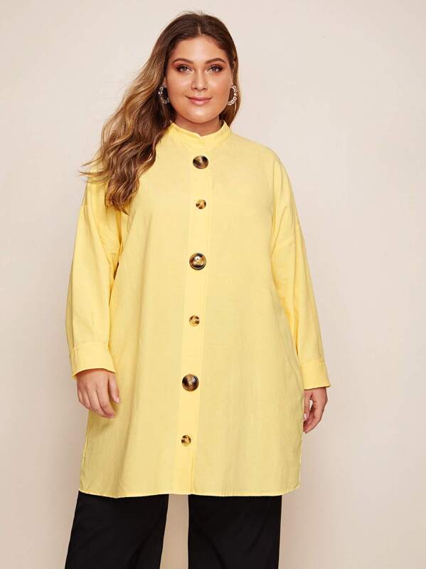 

Plus Single Breasted Drop Shoulder Longline Blouse, Yellow, Carol