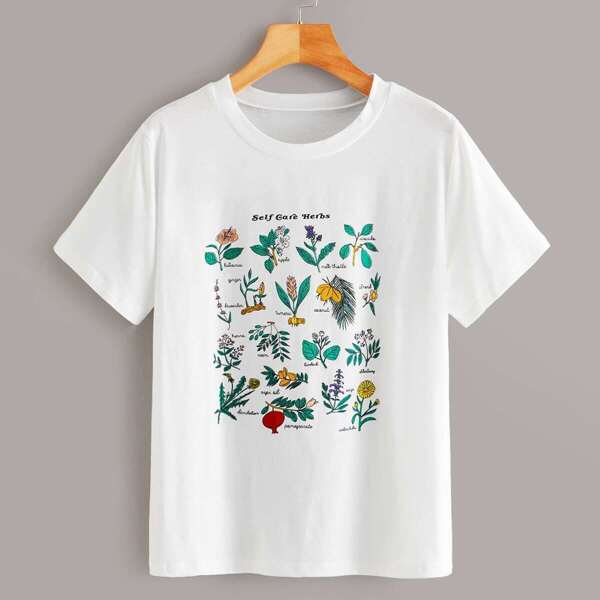 

Floral & Plants Print Round Neck Tee, White