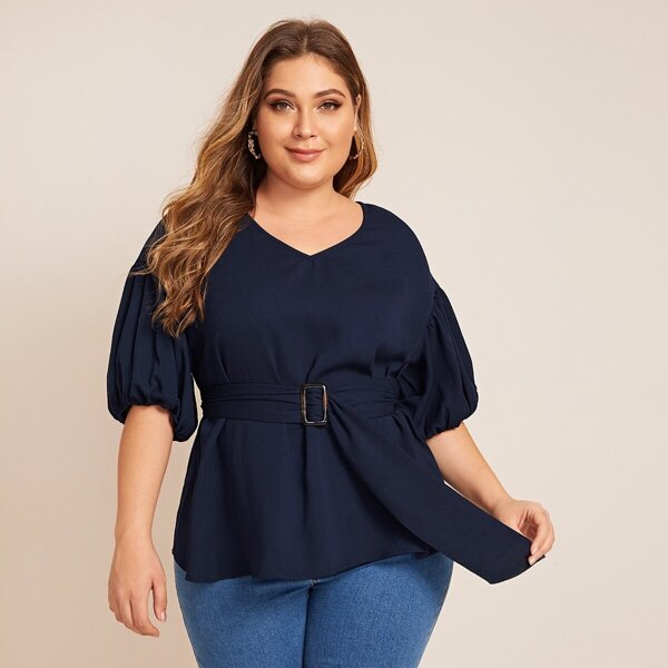 

Plus V-neck Puff Sleeve Buckle Belted Top, Navy