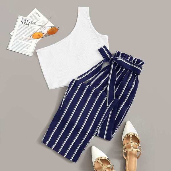 

One Shoulder Rib-Knit Top With Striped Belted Pants, Multicolor