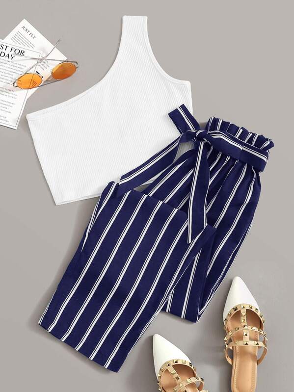 

One Shoulder Rib-Knit Top With Striped Belted Pants, Multicolor