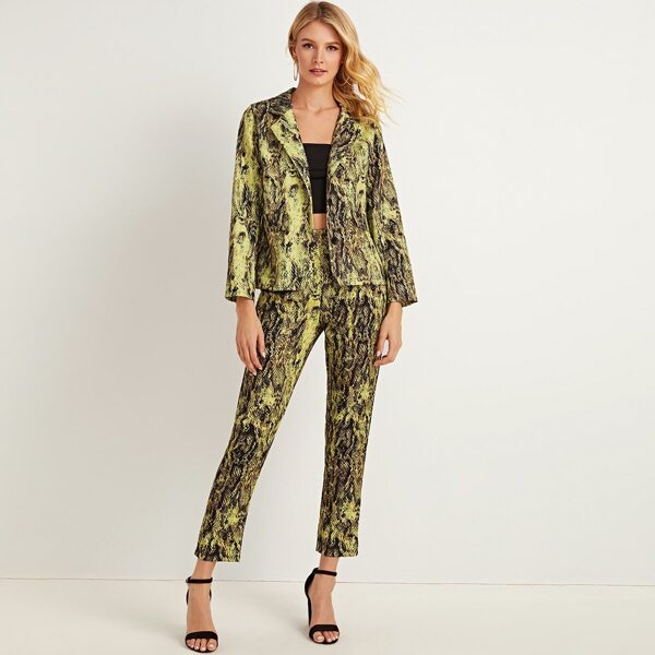 

Lapel Collar Snakeskin Print Blazer With Pants