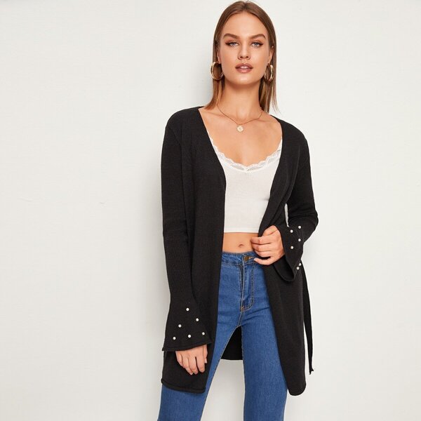 

Pearls Beaded Bell Sleeve Belted Cardigan, Black