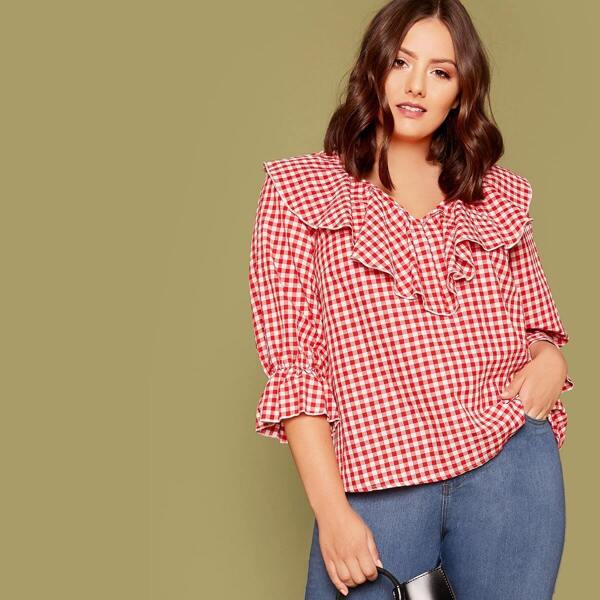 

Plus Flounce Sleeve Ruffle Trim Gingham Top, Red
