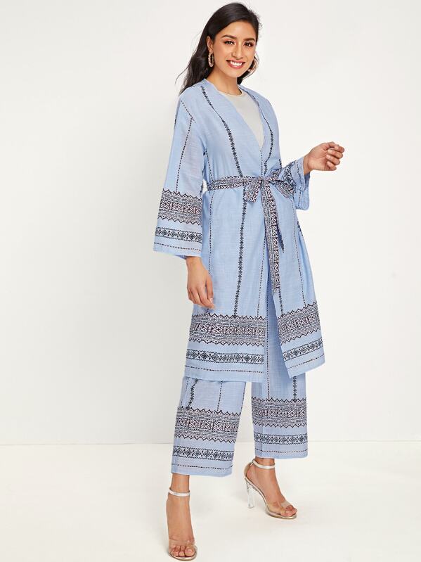 

Self Belted Tribal Print Coat & Wide Leg Pants Set, Blue, Jessica B